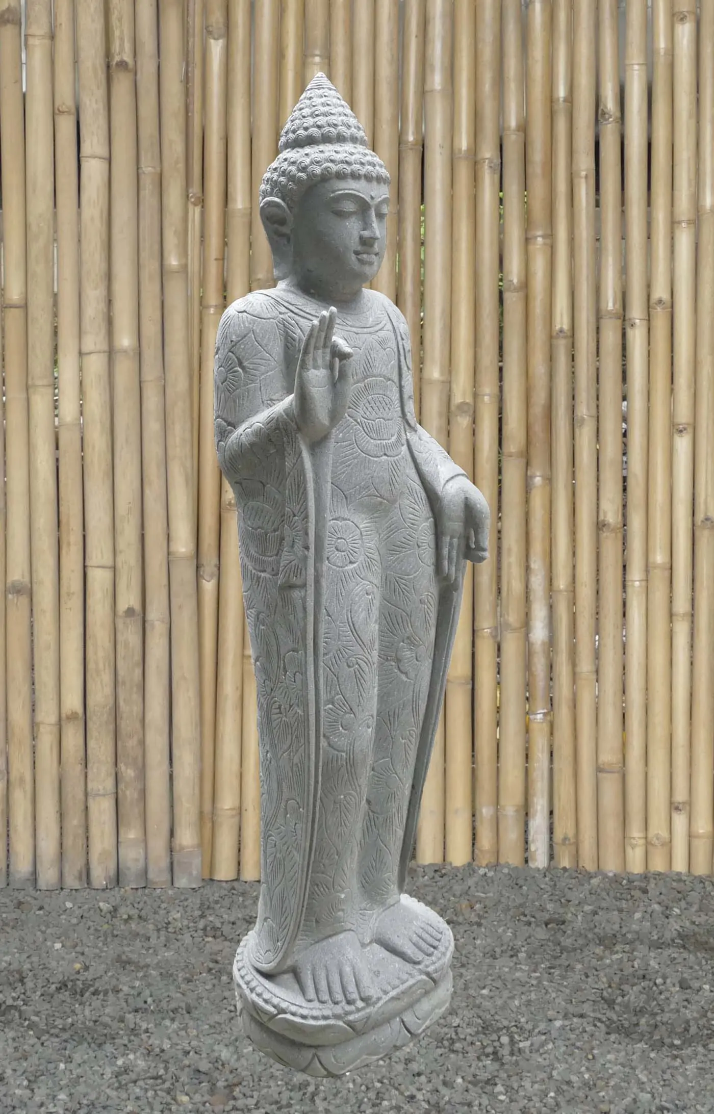  Product image 4 of the product “Standing Buddha with floral carving, Abudaya position. 40 x 28 x 152cm. Natural stone (river stone), stonemasonry ”